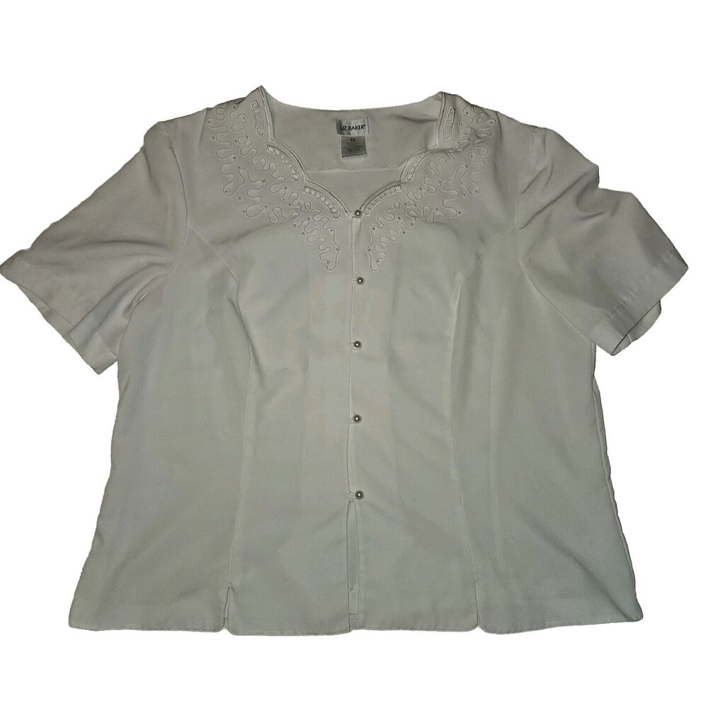 Womens Embroidered Blouse White Pearl Button Up Size 16 Western Cottagecore